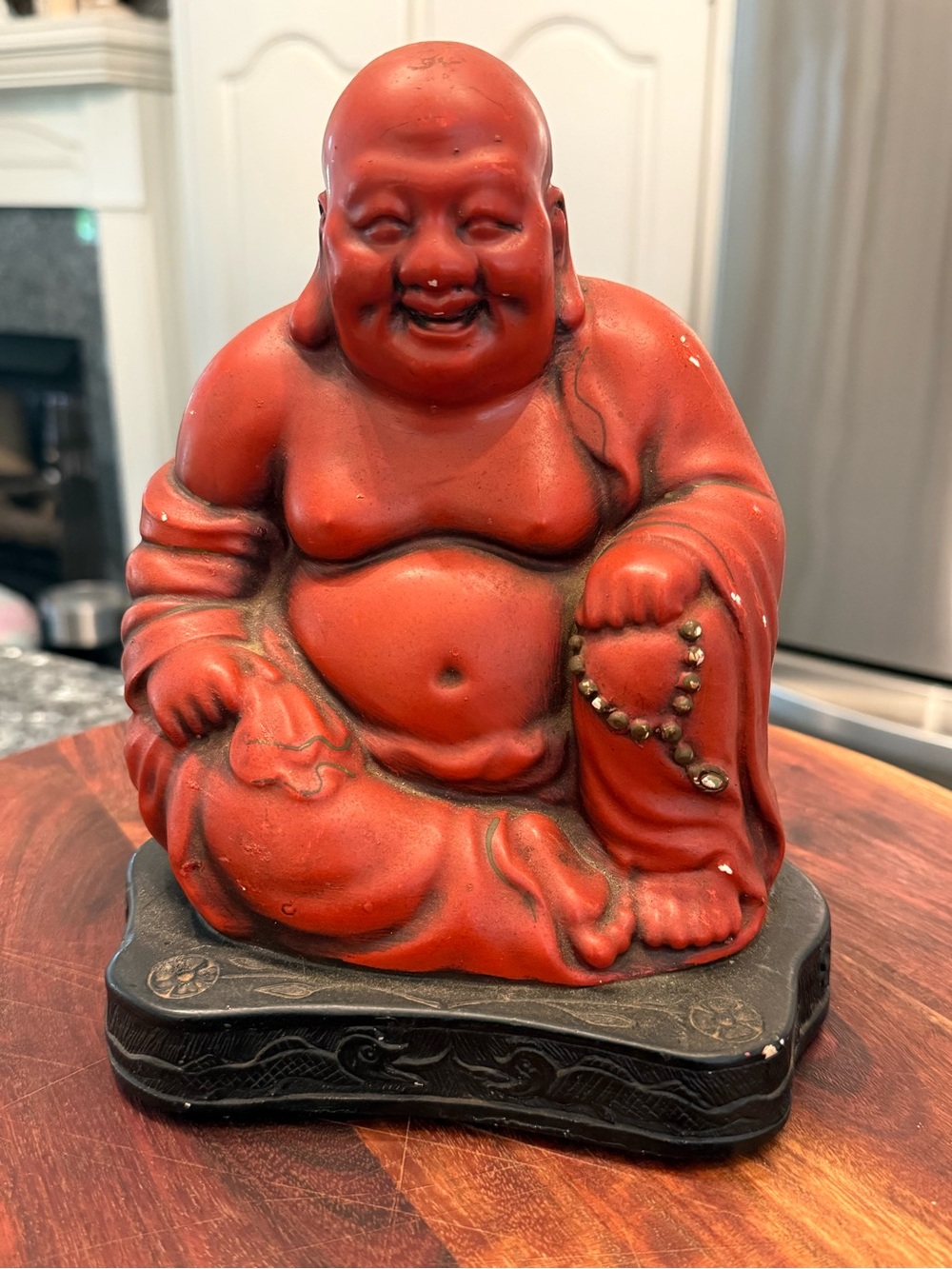 Vintage Marwal Industries Red Laughing Buddha Statue 1960 Chalkware Red